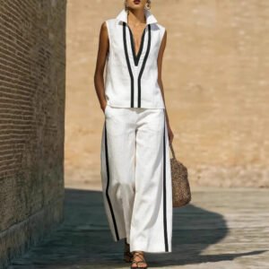 Womens Contrasting-Color Sleeveless Single-Breasted Vest And Drawstring Pants Set