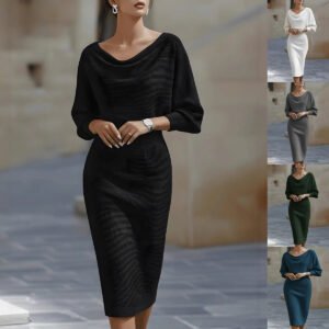 Pleated Batwing Sleeve Midi Dress - Women's Fashionable A-Line Casual Daywear