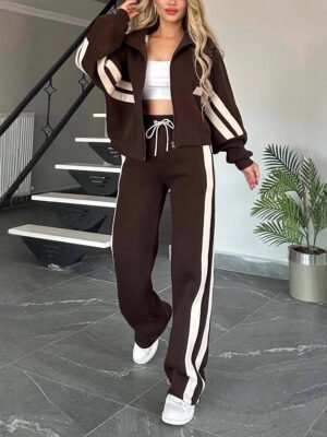 Cross-Border Amazon Autumn Foreign Trade Y2K Striped Zip-Up Jacket Casual Sports Suit For Women