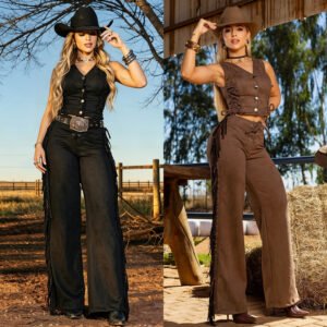 C7828 Cross-border New Women's Vest Top Tassel Wide Leg Trousers Retro Western-style Denim Suit